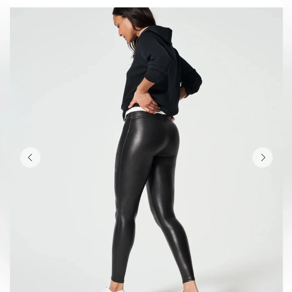 SPANX Black Faux Leather Leggings Size Large Petite